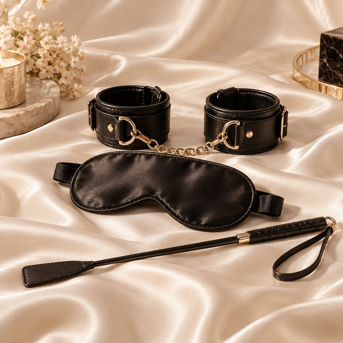 Accessoires BDSM élégants sur satin ivoire